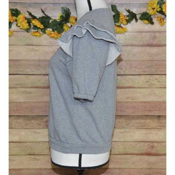 1 State Ladies S Gray Cropped Short Sleeve Ruffle Pullover Sweatshirt Cotton - Picture 4 of 8